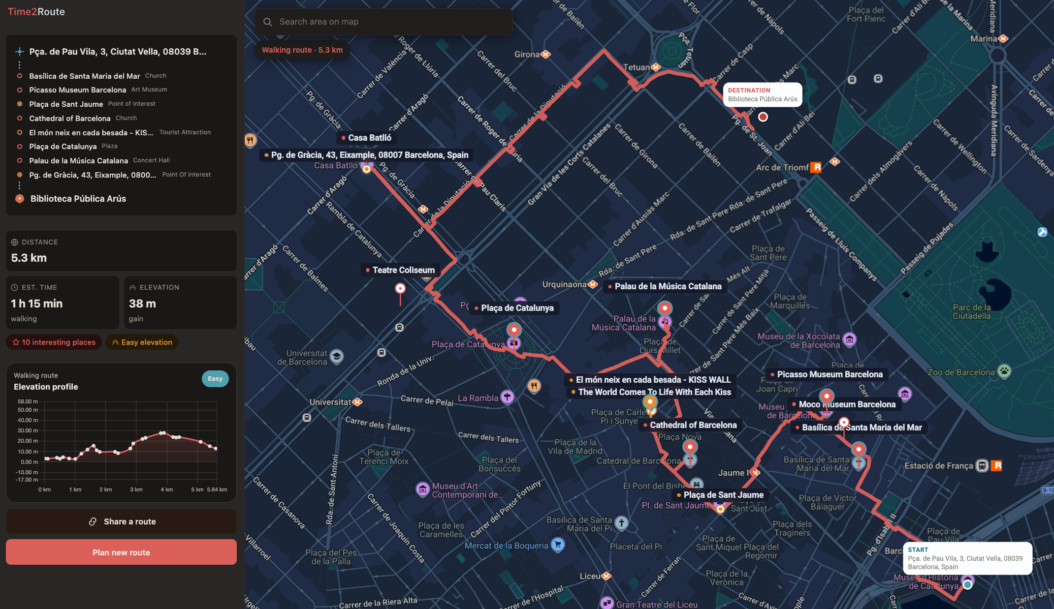 Example scenic city walk route in Time2Route