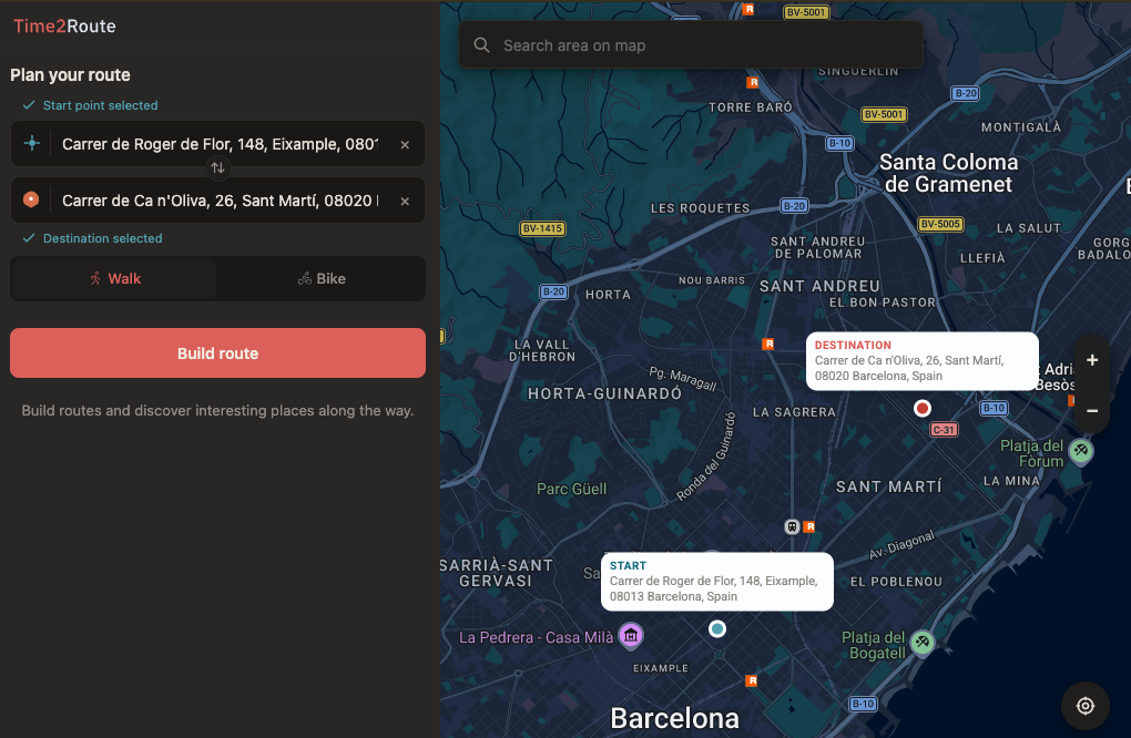 Time2Route start screen with route inputs, travel mode, and build route button