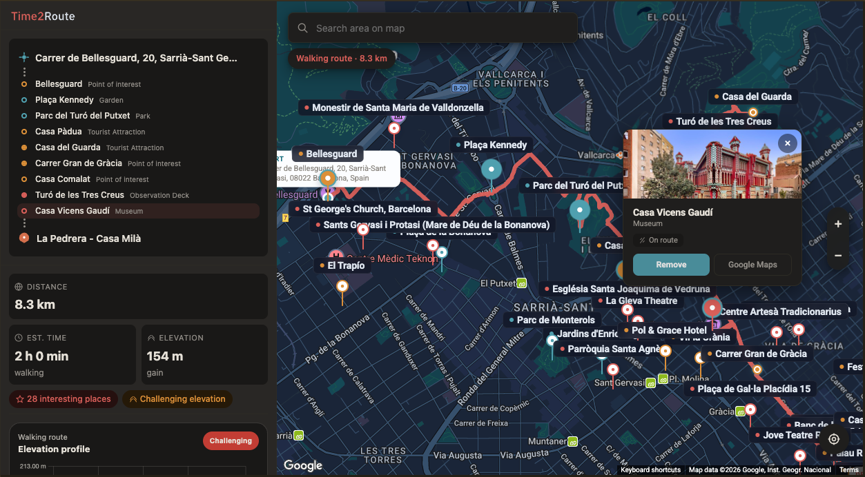 Route with stops added in Time2Route